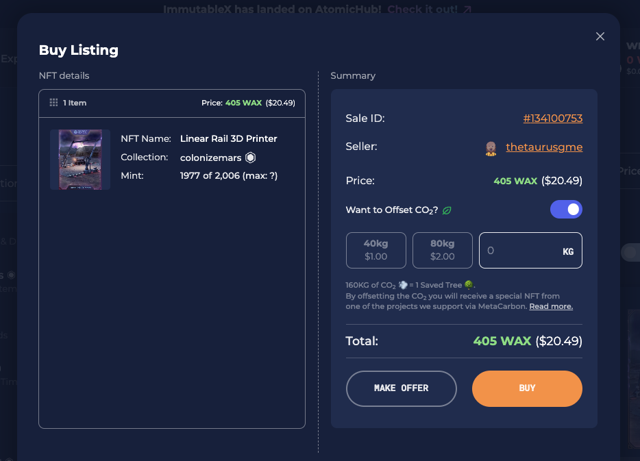 AtomicHub Shopping Cart Carbon Offsetting API