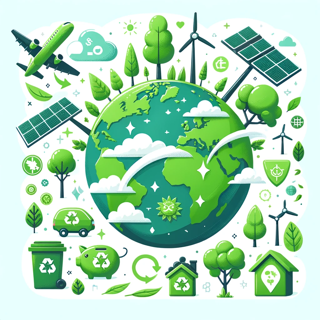 image about reducing carbon footprint_ A globe with green, flourishing continents, symbols of renewable energy like wind turbines